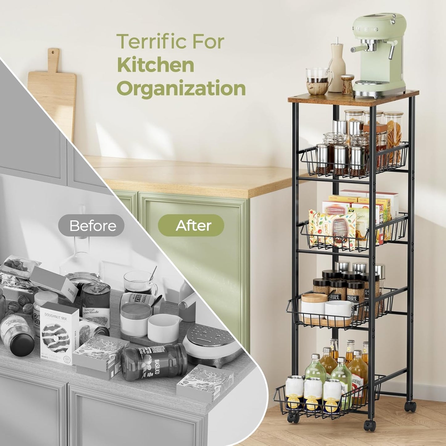Delamu Fruit Vegetable Basket for Kitchen,5 Tier Kitchen Organizer and Storage Cart with Wheels