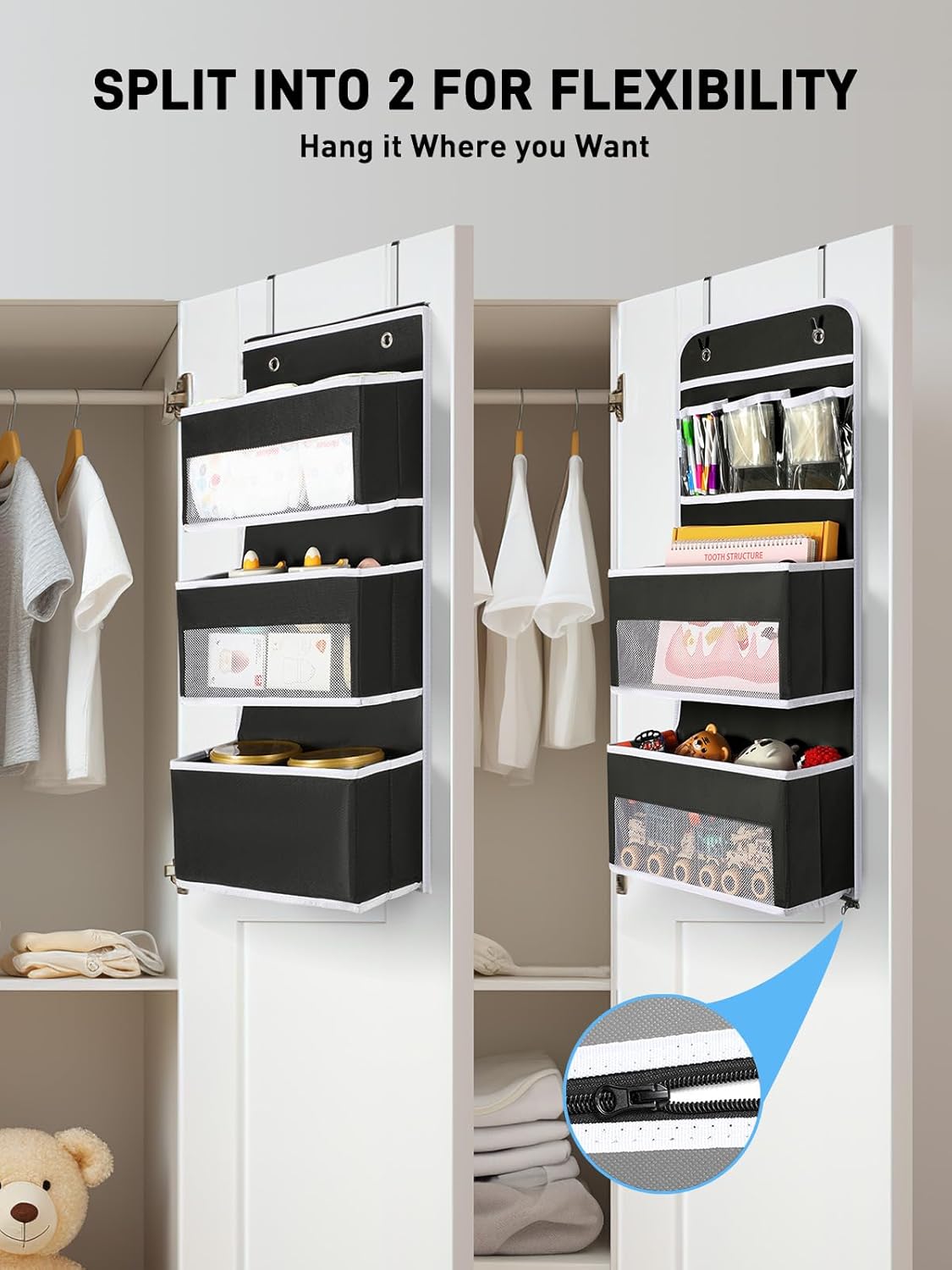LazySpin 6-Tier Over the Door Storage Organizer, Flexible 1 Split into 2 Swing-proof Hanging Storage, Black