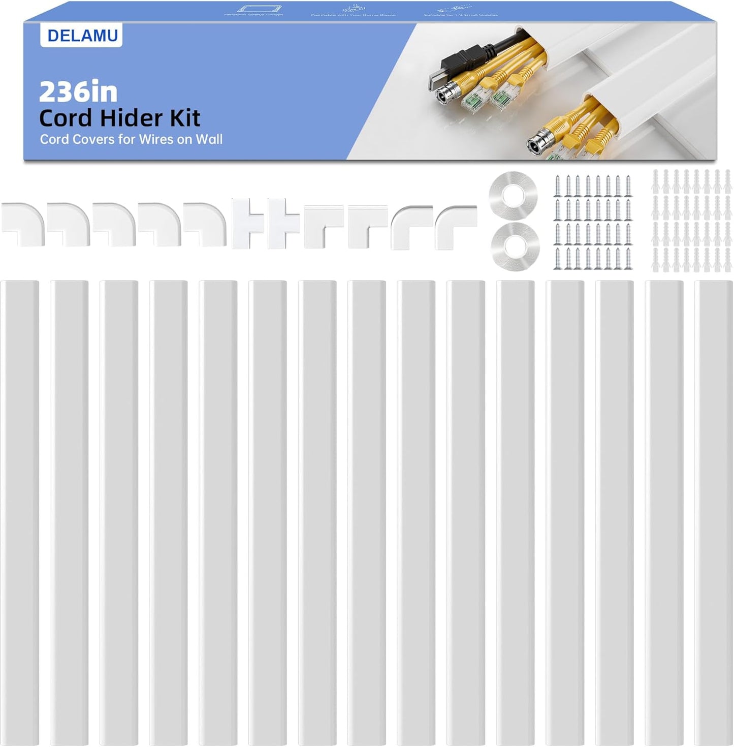 LazySpin 236in Cord Hider, Large Cord Covers for 3-4 Wires on Wall, White