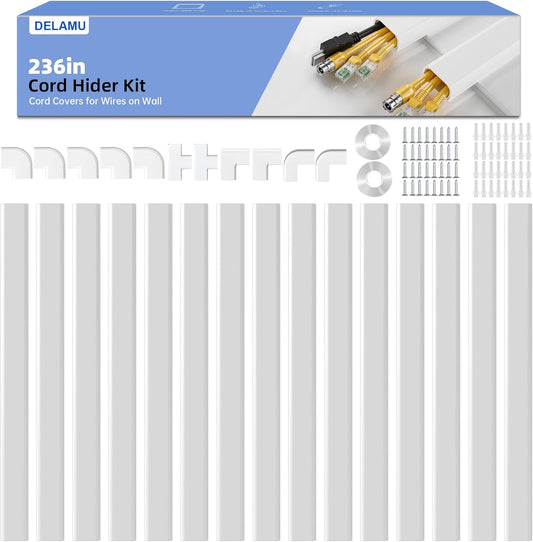 LazySpin 236in Cord Hider, Large Cord Covers for 3-4 Wires on Wall, White