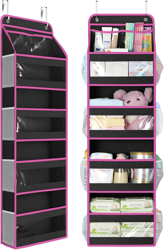LazySpin 4-Tier Over the Door Organizer, Swing-Proof Behind the Door Storage, Black and Pink