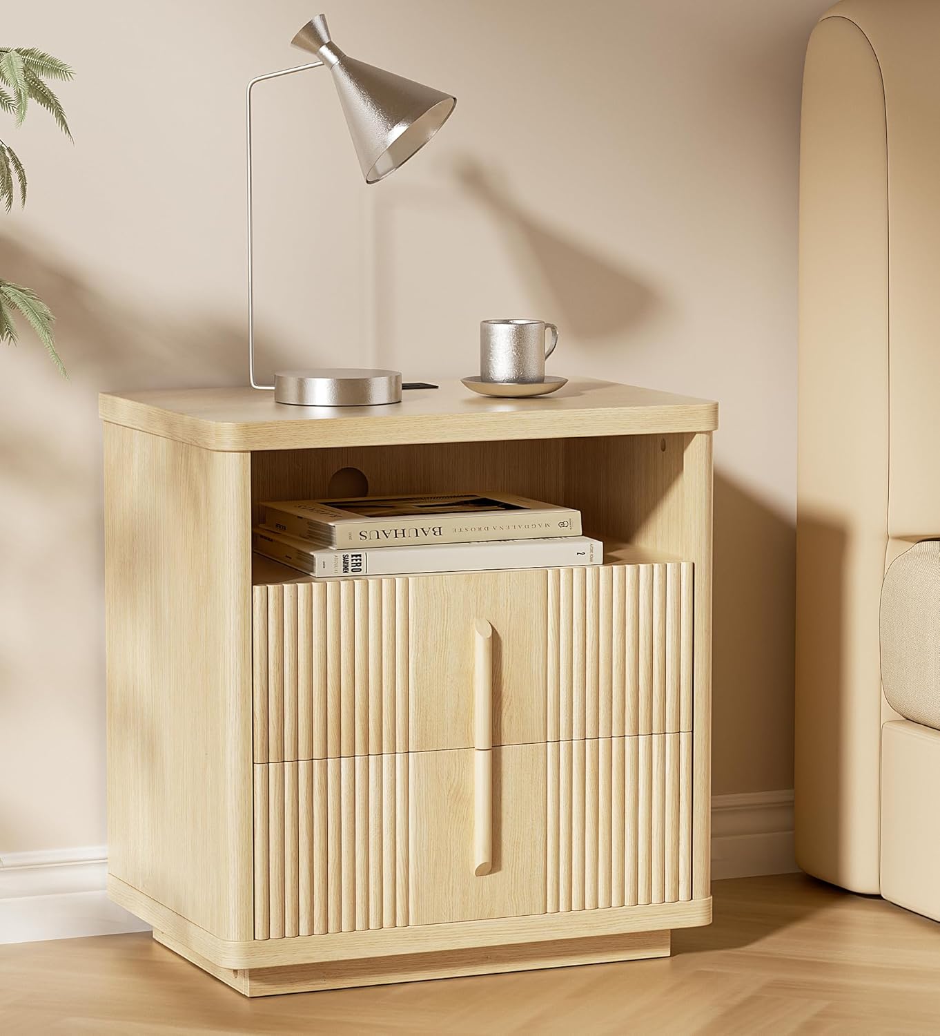LazySpin 1 Pack Fluted Walnut Nightstand with Charging Station and 2-Drawers