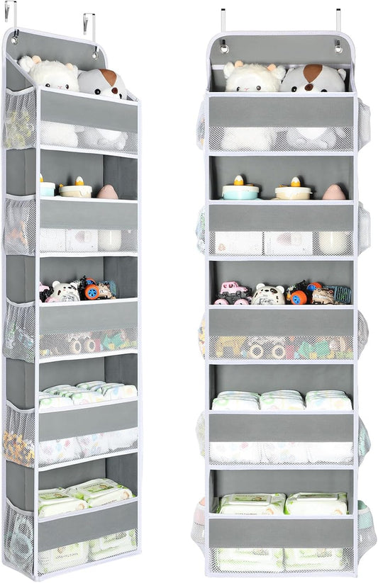 LazySpin 2 Pc Over The Door Organizer with 5 Bins 10 Side Pockets, Gray