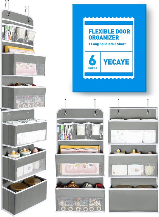 LazySpin 6-Tier Over the Door Storage Organizer, Flexible 1 Split into 2 Swing-proof Hanging Storage, Gray