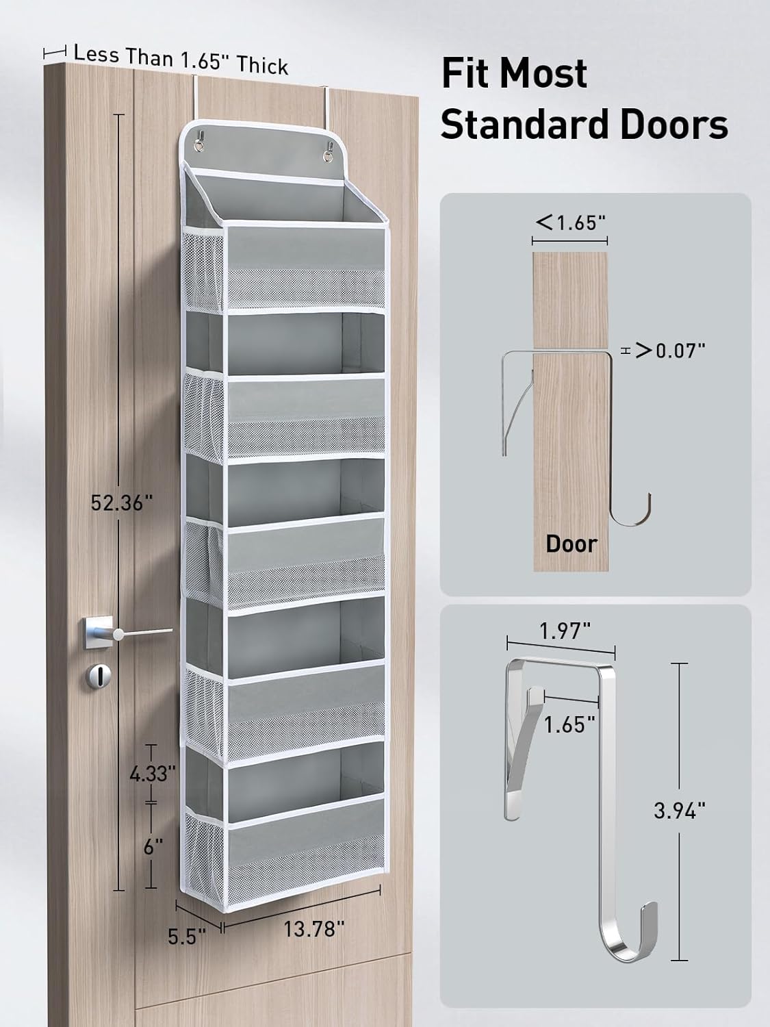 LazySpin 2 Pc Over The Door Organizer with 5 Bins 10 Side Pockets, Gray