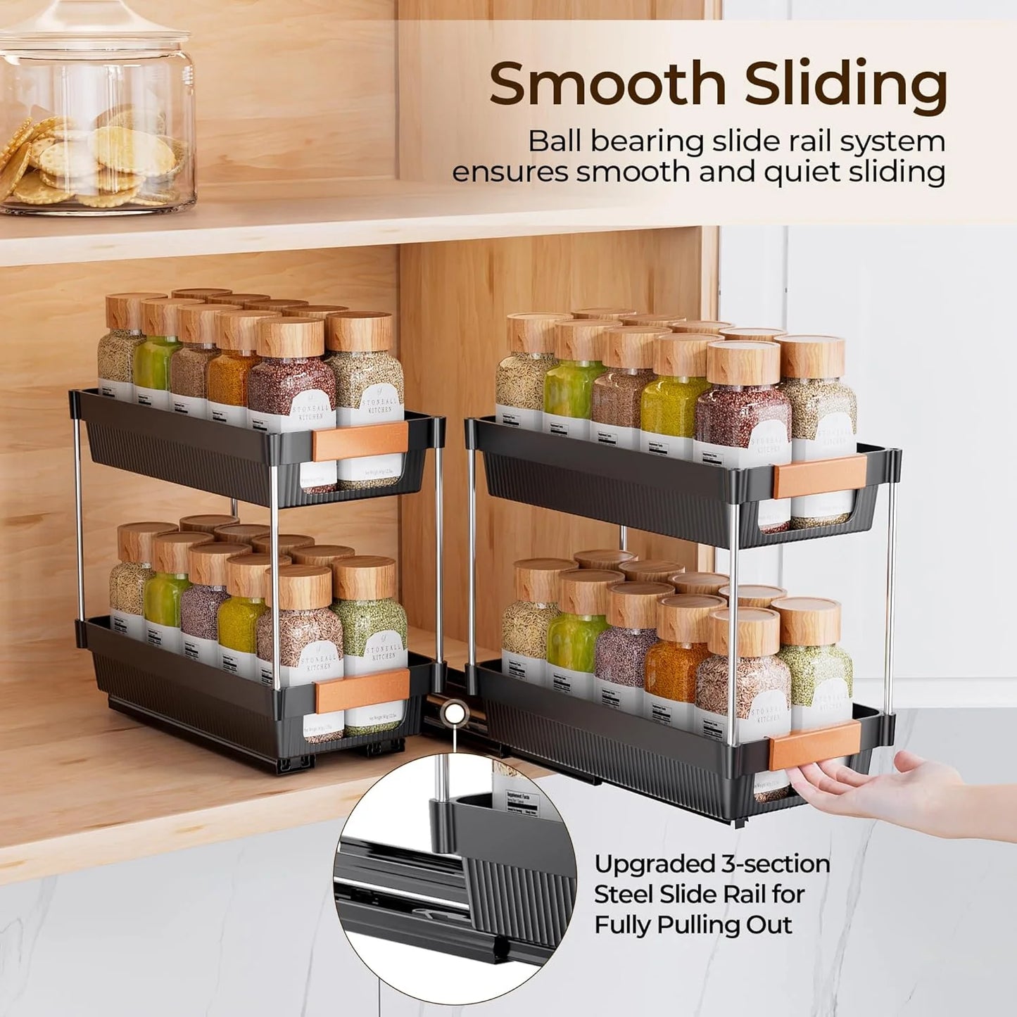 Delamu 2 Pack 2-tier Pull Out Spice Rack Organizer for Cabinet, Slide Out ABS Shelf, Multi Purpose Kitchen Cabinet Organizer, Black