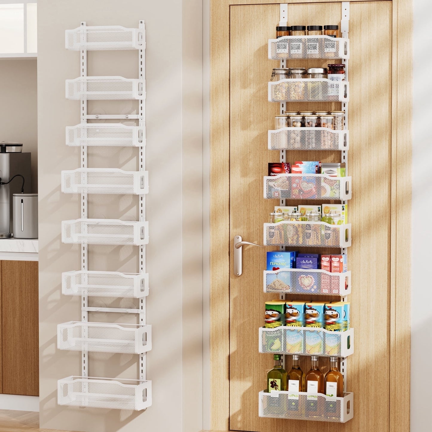 8-Tier Over the Door Pantry Organizer, Delamu Heavy-Duty Metal with 8 Baskets, Hanging Storage and Organization for Kitchen, Spice Rack 12in Width, White