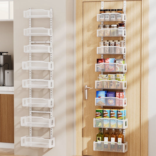 8-Tier Over the Door Pantry Organizer, Delamu Heavy-Duty Metal with 8 Baskets, Hanging Storage and Organization for Kitchen, Spice Rack 12in Width, White
