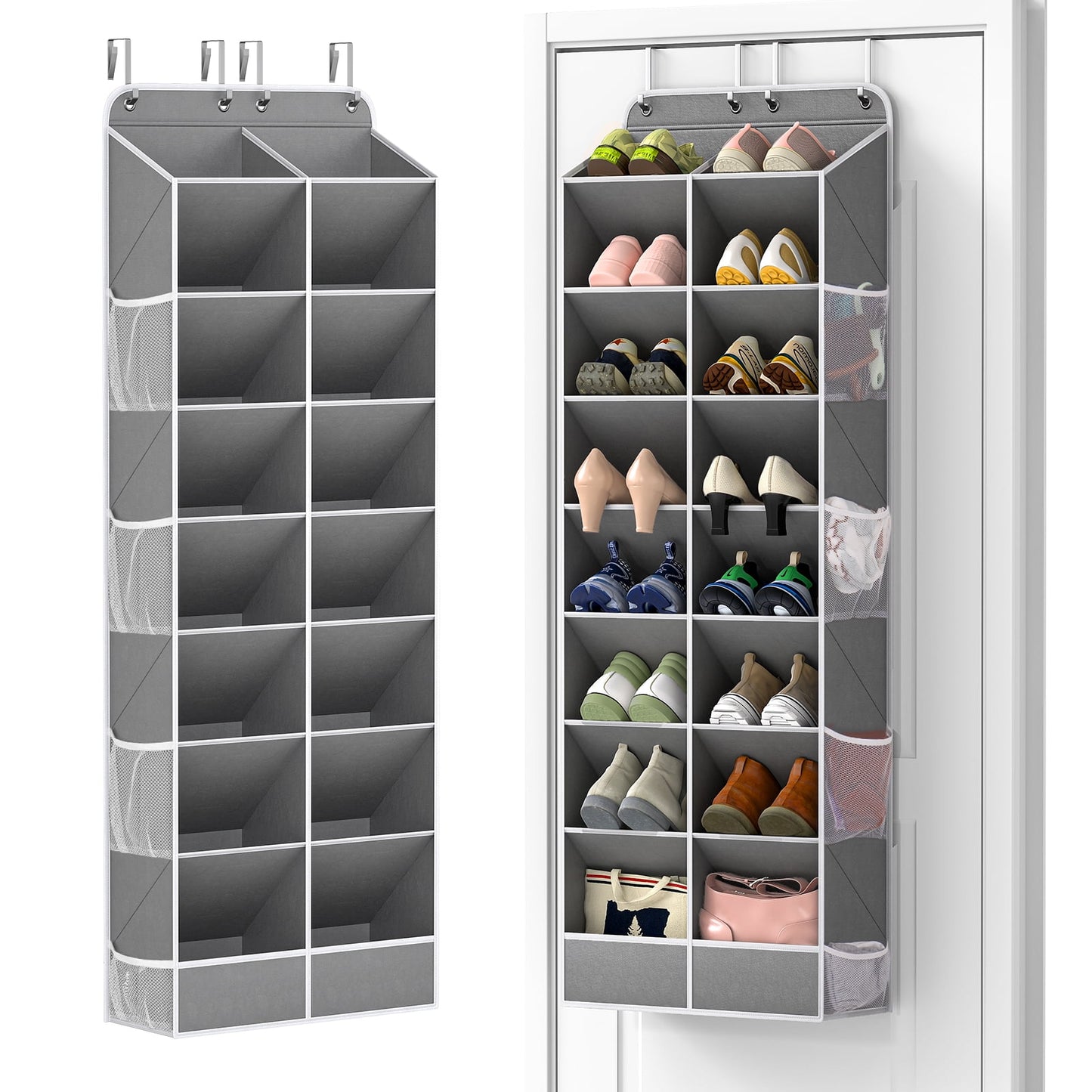 8 Tier over the Door Shoe Organizer of Deep 16 Compartments, 50lbs Load Shoe Rack for Door in Oxford Holds 16-24 Pairs, Stain-Resistant Hanging Shoe Organizer for Closet, Grey