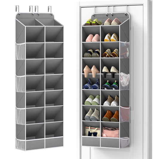8 Tier over the Door Shoe Organizer of Deep 16 Compartments, 50lbs Load Shoe Rack for Door in Oxford Holds 16-24 Pairs, Stain-Resistant Hanging Shoe Organizer for Closet, Grey