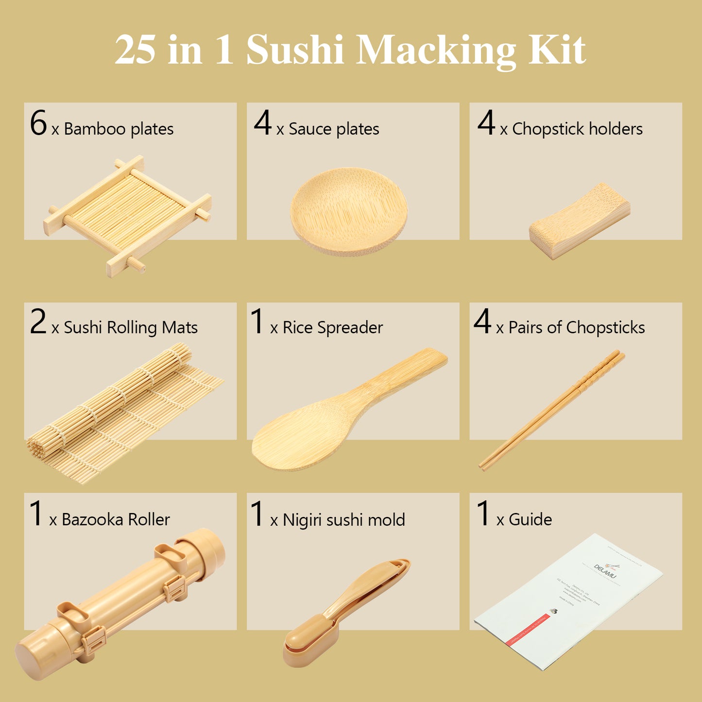 Delamu Sushi Making Kit,Complete 25 Piece Sushi Set for Beginners/Pros