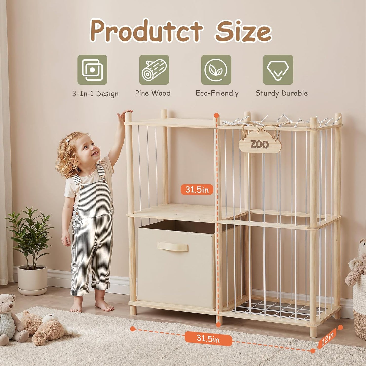 LazySpin Stuffed Animal Storage, Wooden Zoo Stuffed Animal Holder with Elastic Cords