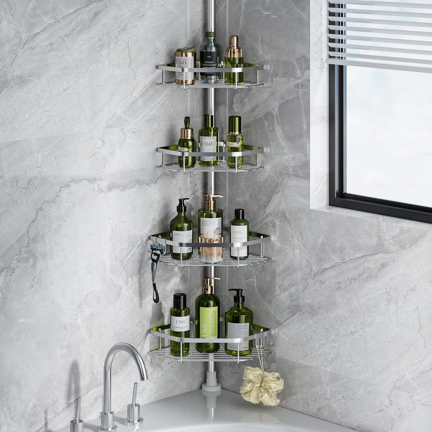 LazySpin Corner Shower Caddy Tension Pole, Stainless Steel Shower Organizer, Silver