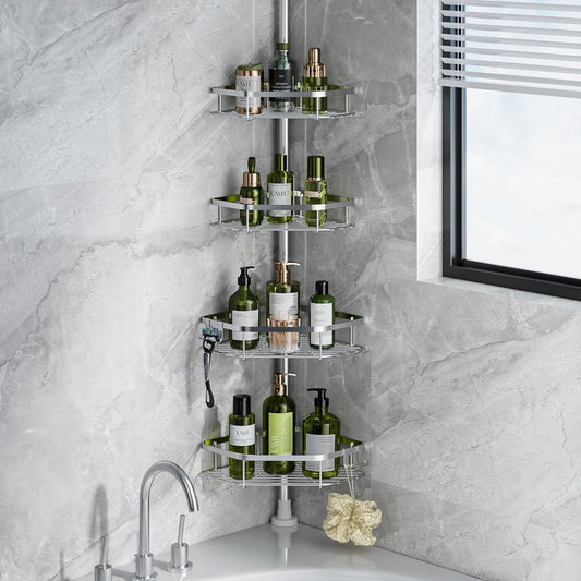 LazySpin Corner Shower Caddy Tension Pole, Stainless Steel Shower Organizer, Silver