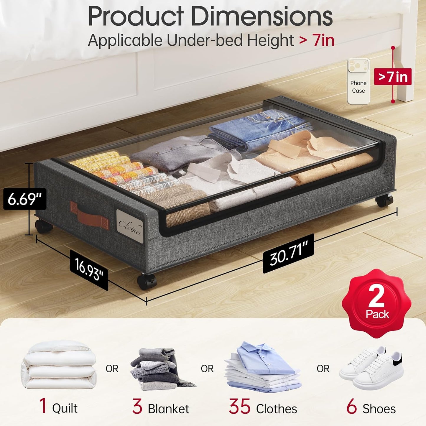 LazySpin Under Bed Storage with Wheels, 2 Pack Under Bed Storage Containers