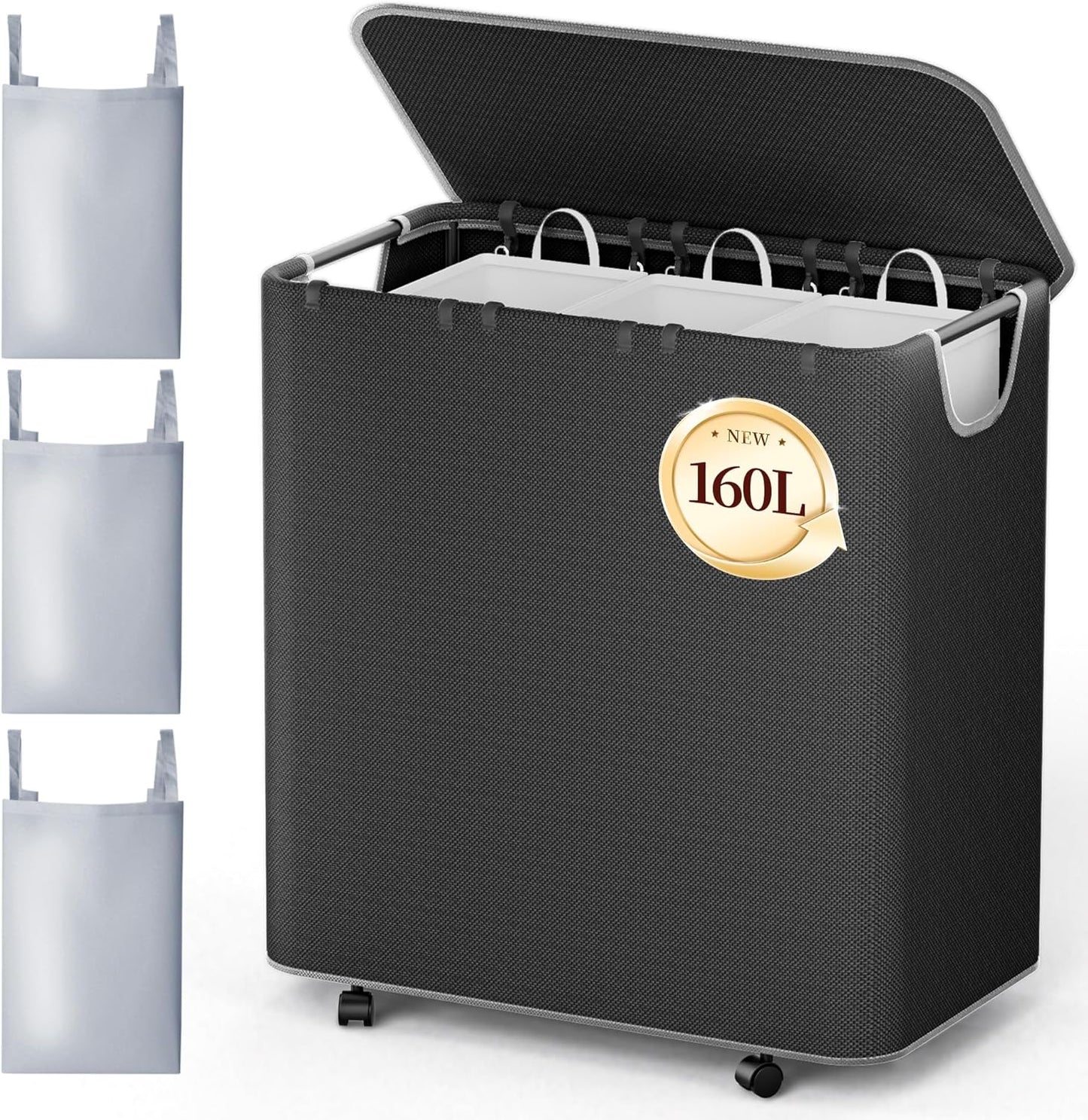 LazySpin 160L Laundry Basket with Wheels, Rolling Laundry hamper with Lid and 3 Removable Laundry Bag