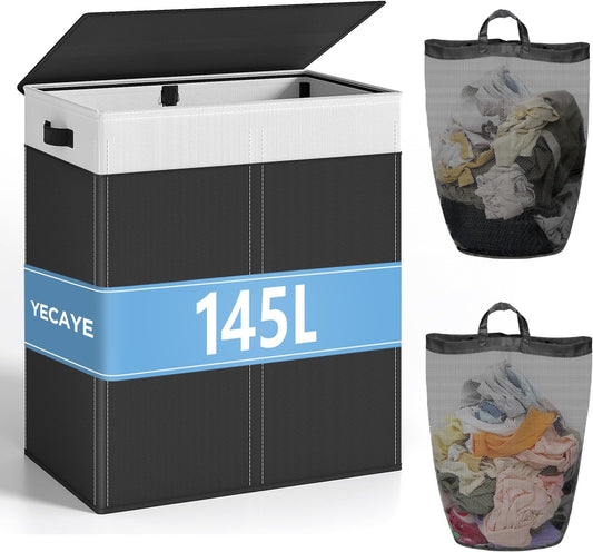 LazySpin 145L Double Laundry Hamper with Lid, Black&White
