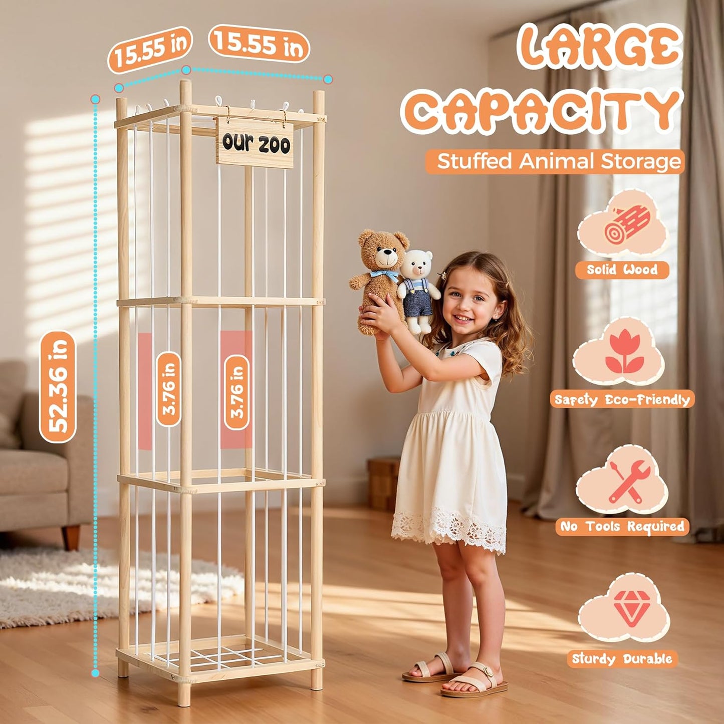 LazySpin Stuffed Animal Storage, Wooden Zoo Stuffed Animal Holder with Elastic Cords