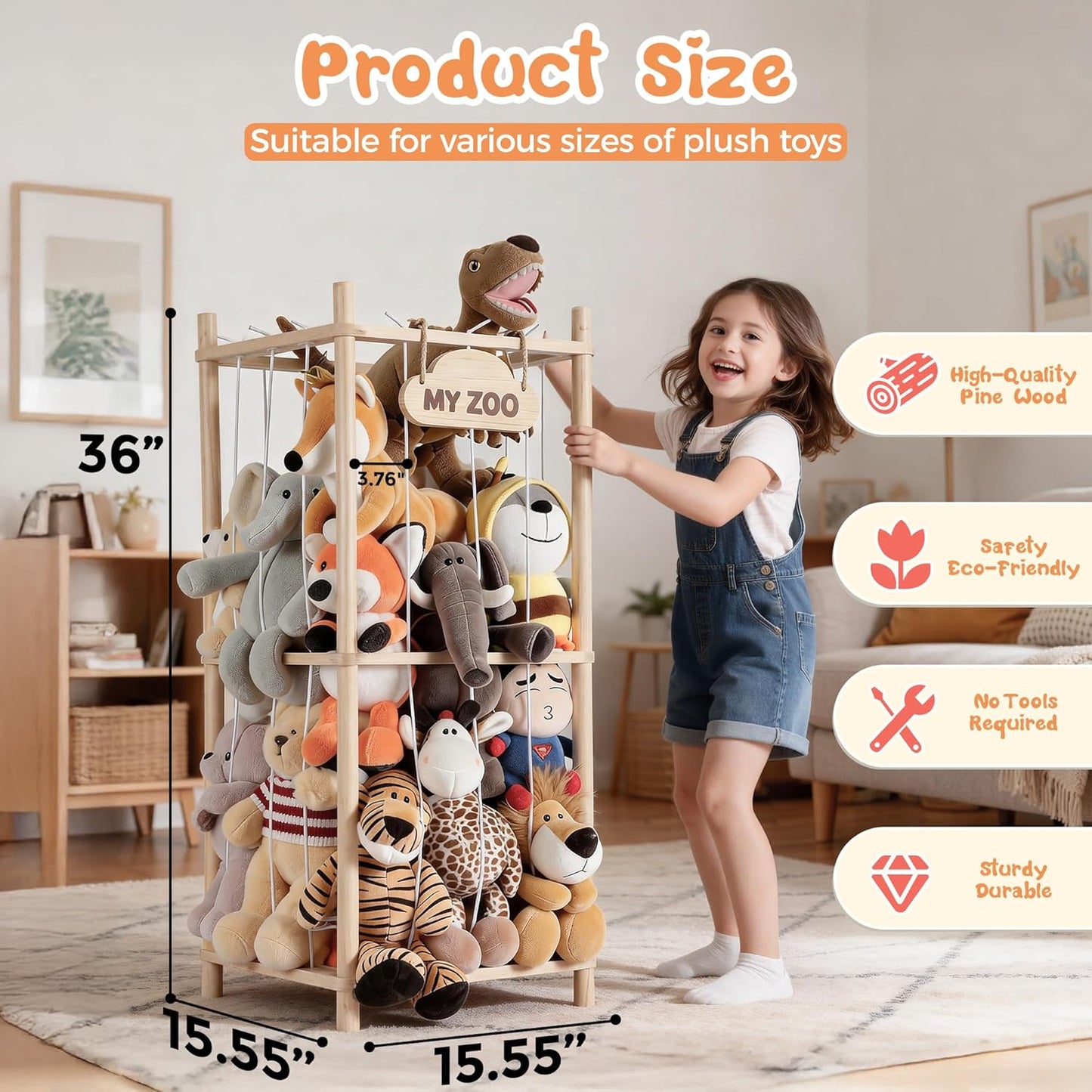 LazySpin Stuffed Animal Storage, Wooden Zoo Stuffed Animal Holder with Elastic Cords