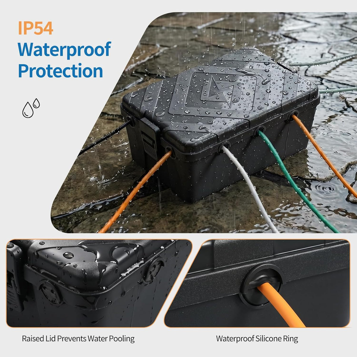 LazySpin 2 Pack (L+M) Outdoor Electrical Box Rectangle for Outdoor Plug, Waterproof IP54, Black