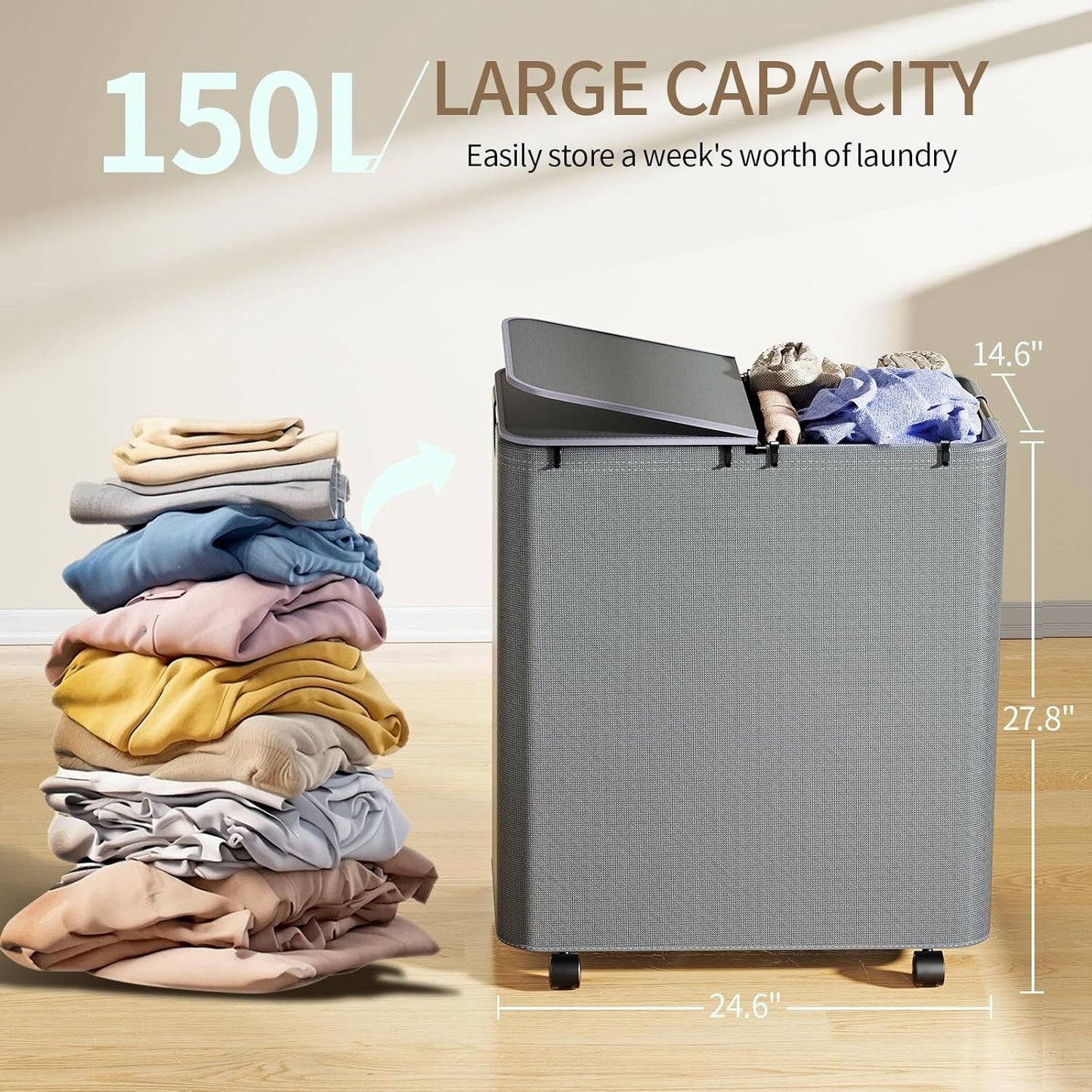 Yecaye 150L Laundry Hamper with Wheels, Rolling Laundry Basket with Lid and 2 Removable Bag