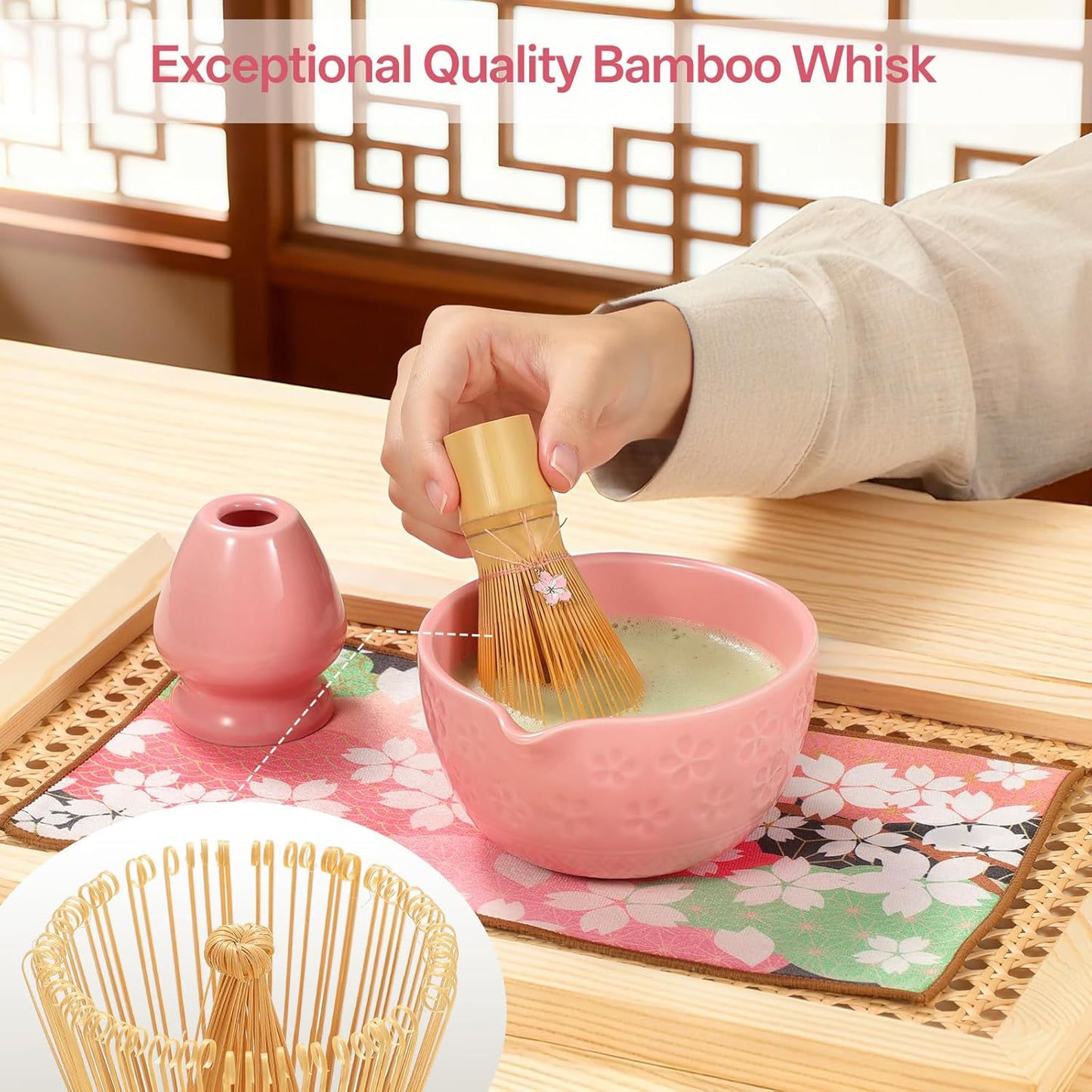 LazySpin 7 Pcs Ceramic Matcha Set, Bamboo Matcha Kit for Tea Lovers with Bowl, Pink
