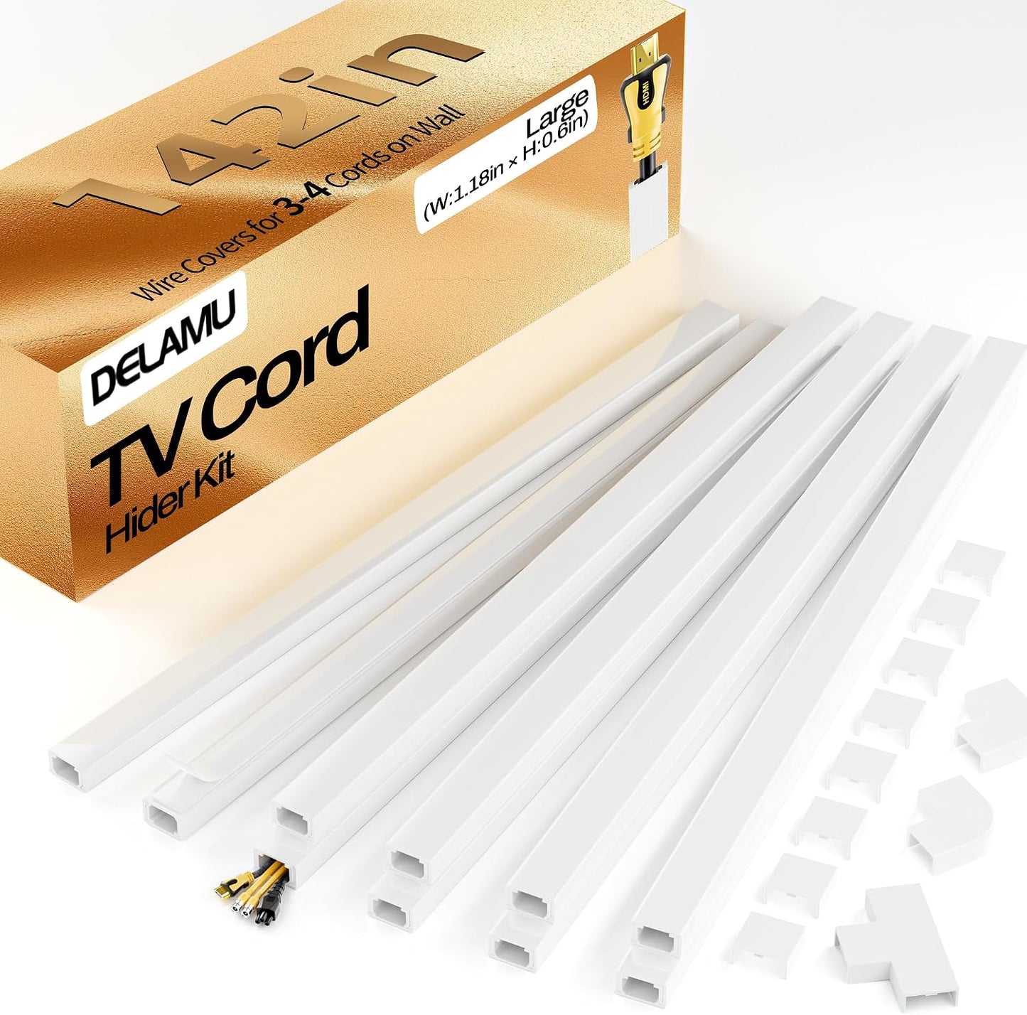 LazySpin TV Cord Hider for Wall, 142in Cable Cover for 3‑4 Wires, 1.18" W x 0.67" H, White