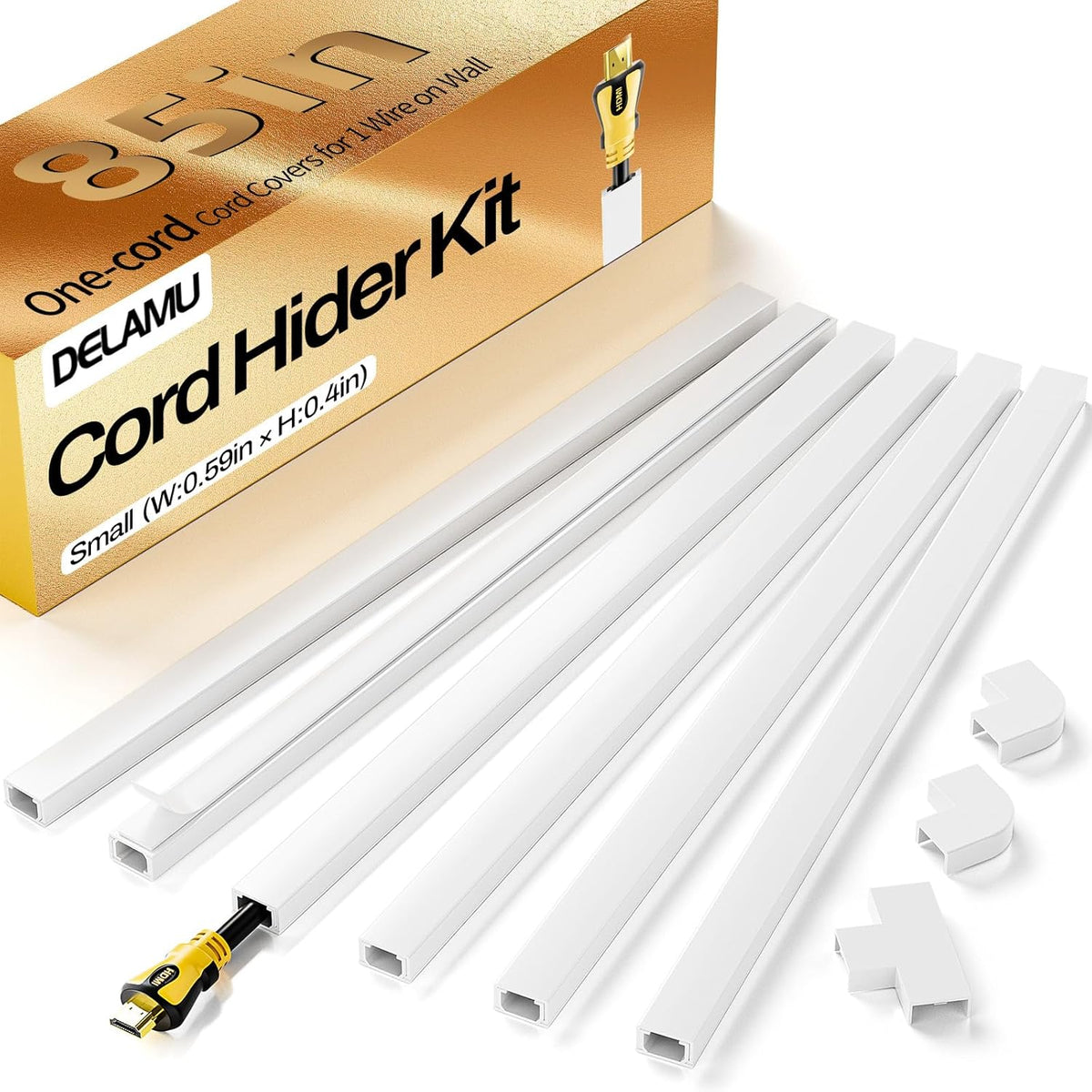 LazySpin Cord Hider, One-Cord Channel 85in Cord Cover, Paintable Wire Hider Cable Cover for Wall Mounted TV, 6xL14.2 W0.59 H0.4in, White
