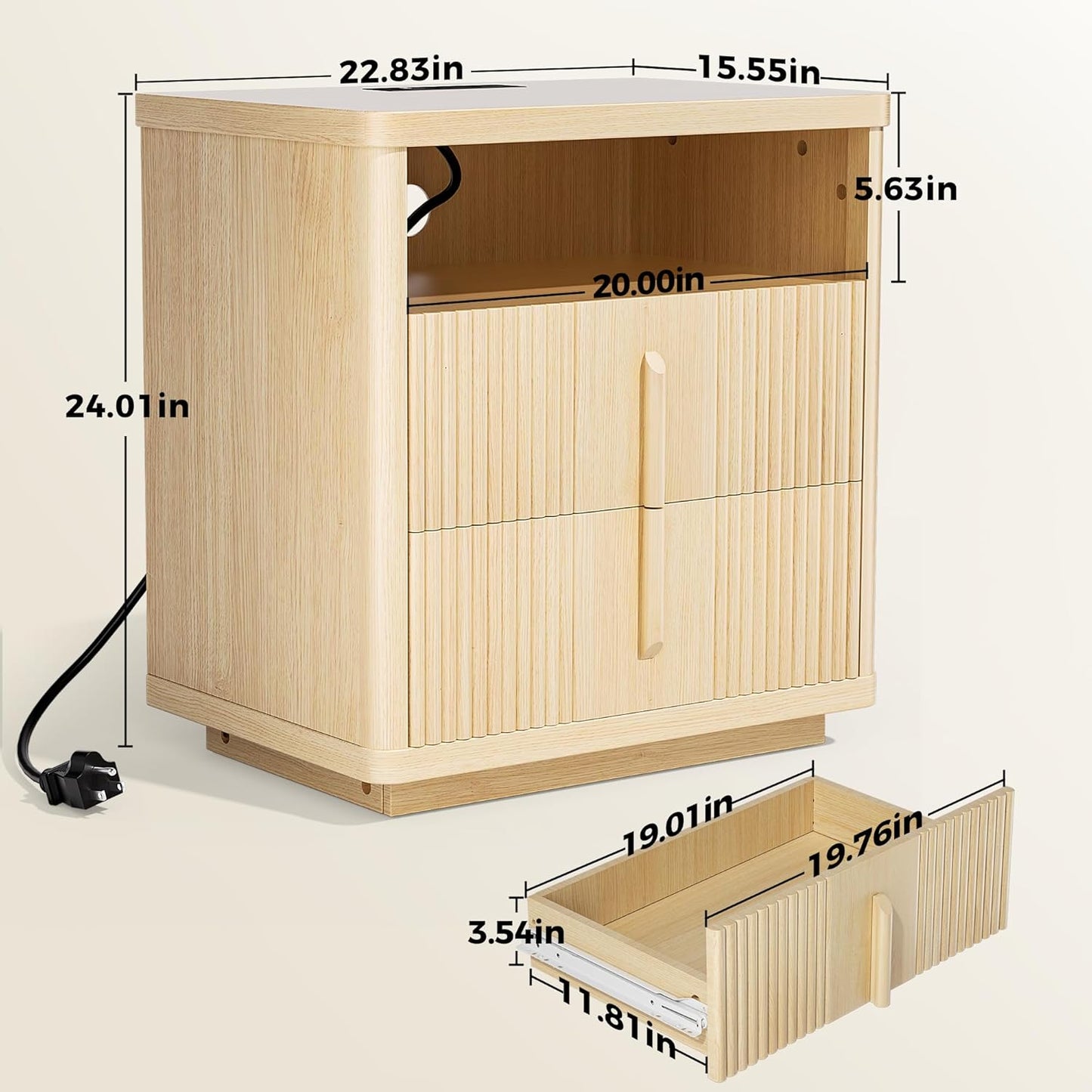 LazySpin 1 Pack Fluted Walnut Nightstand with Charging Station and 2-Drawers