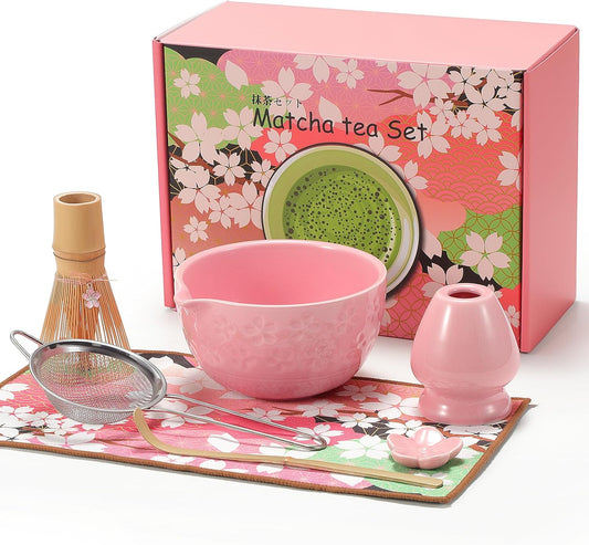 LazySpin 7 Pcs Ceramic Matcha Set, Bamboo Matcha Kit for Tea Lovers with Bowl, Pink
