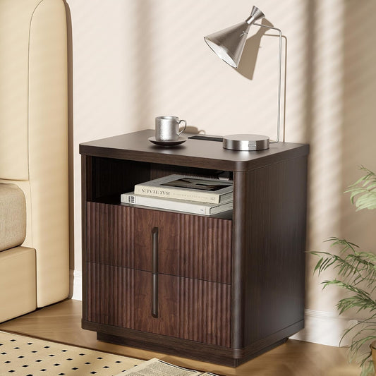 LazySpin 1 Pack Fluted Walnut Nightstand with Charging Station and 2-Drawers