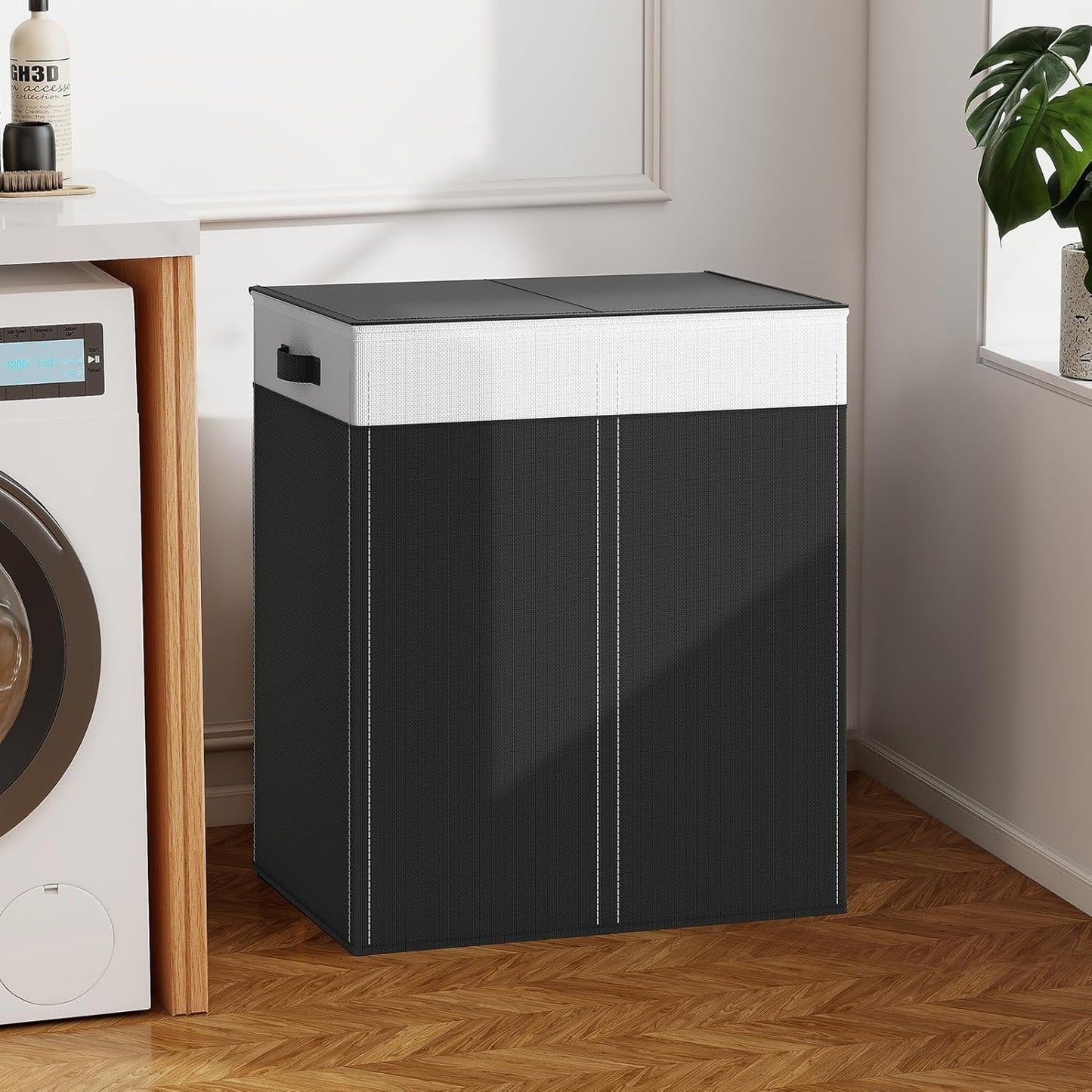 LazySpin 145L Double Laundry Hamper with Lid, Black&White