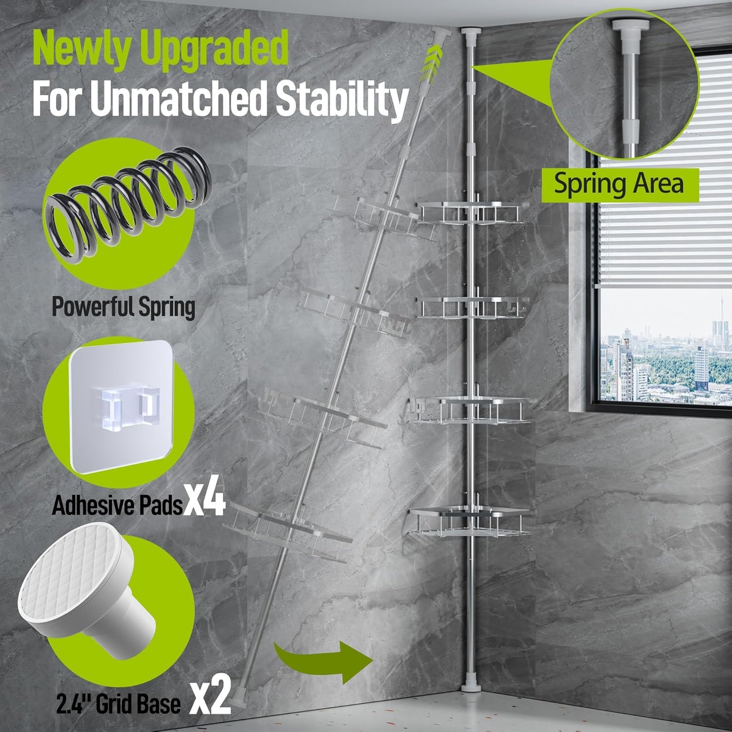 LazySpin Corner Shower Caddy Tension Pole, Stainless Steel Shower Organizer, Silver