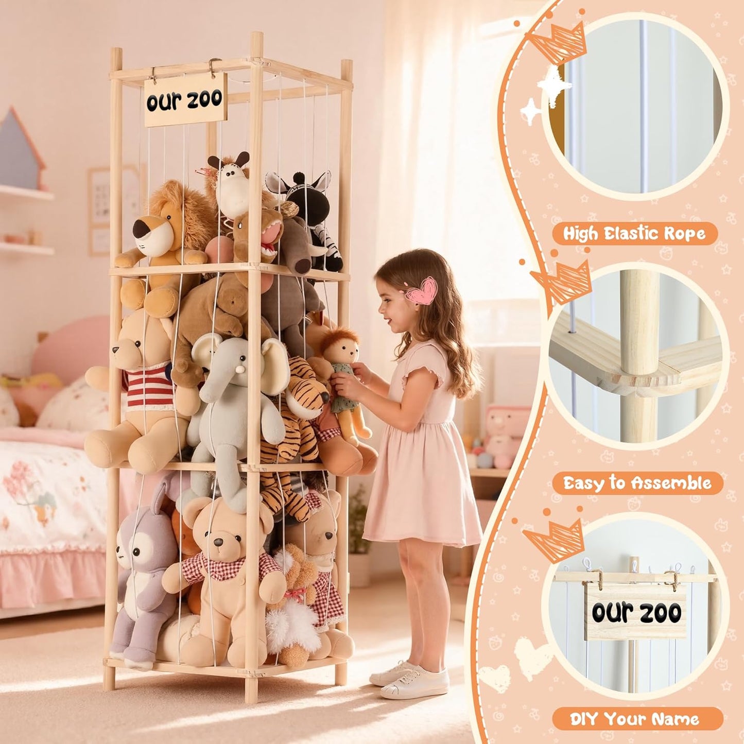 LazySpin Stuffed Animal Storage, Wooden Zoo Stuffed Animal Holder with Elastic Cords