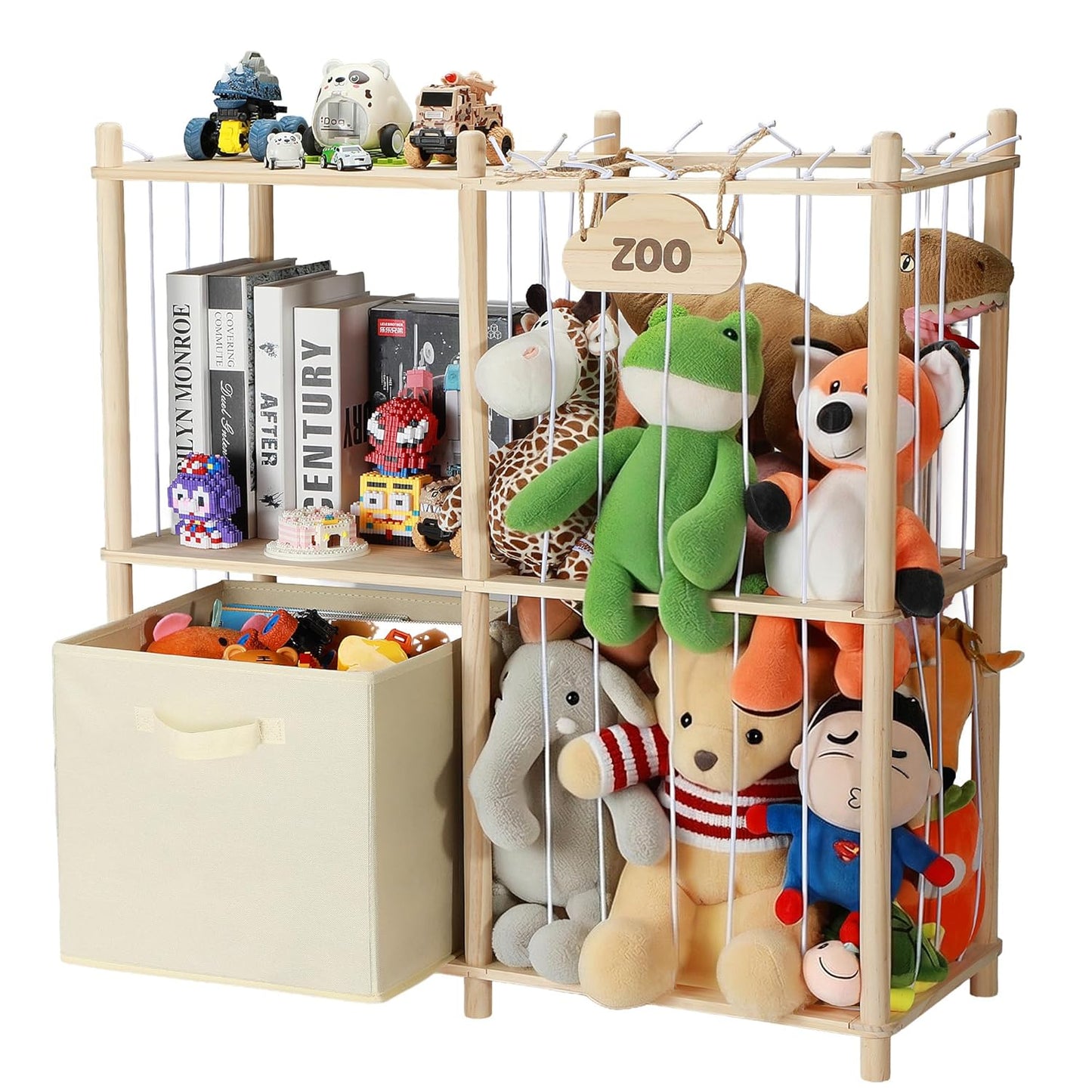 LazySpin Stuffed Animal Storage, Wooden Zoo Stuffed Animal Holder with Elastic Cords