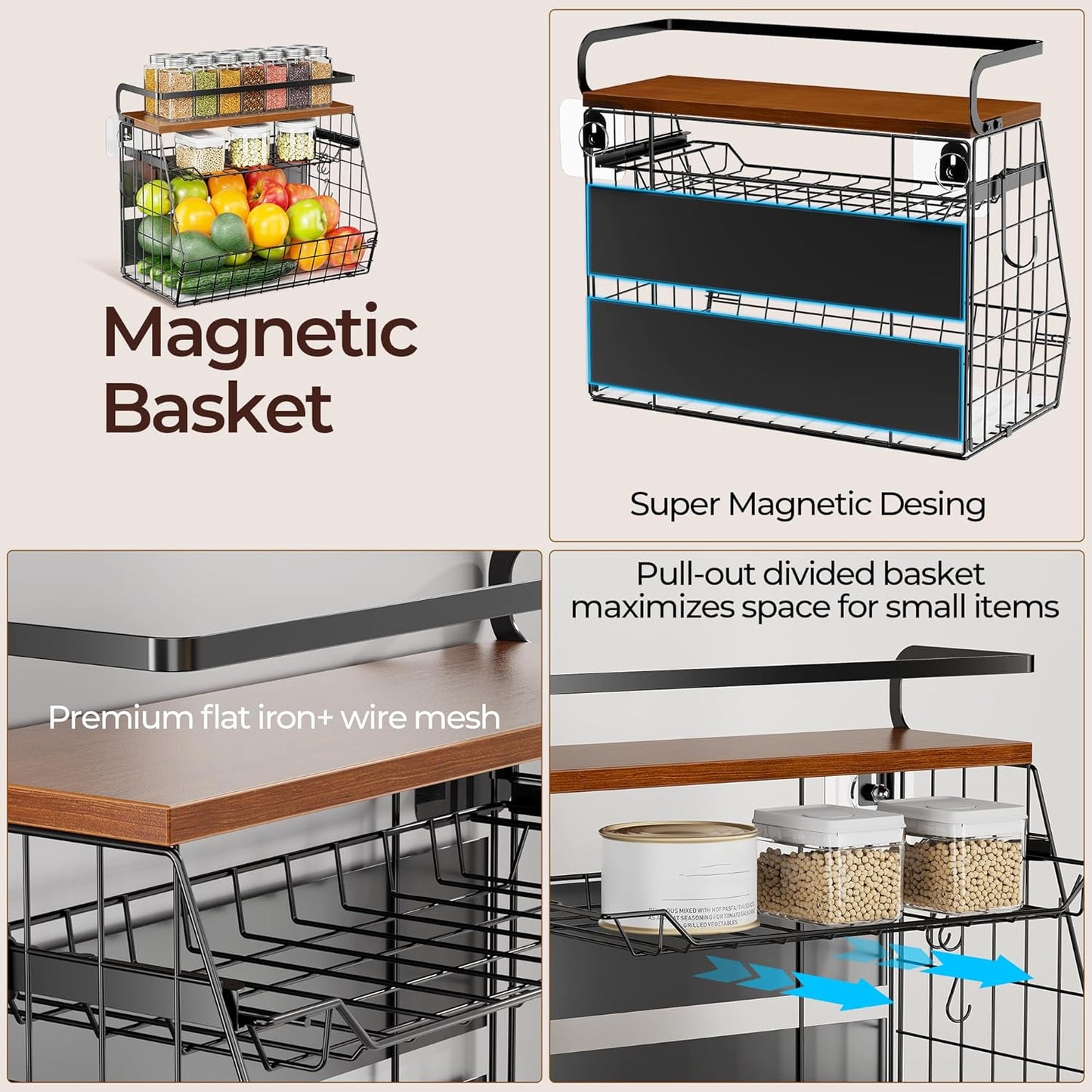 LazySpin Magnetic Basket for Fridge with Wood Lid, 1 Pack