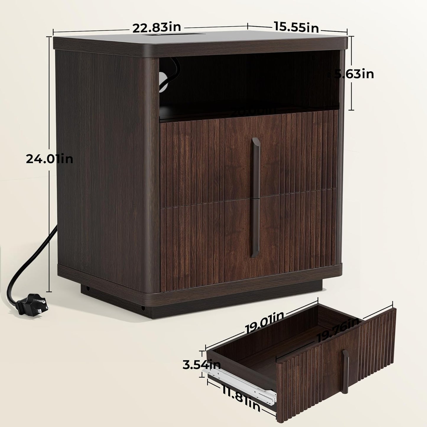 LazySpin 1 Pack Fluted Walnut Nightstand with Charging Station and 2-Drawers