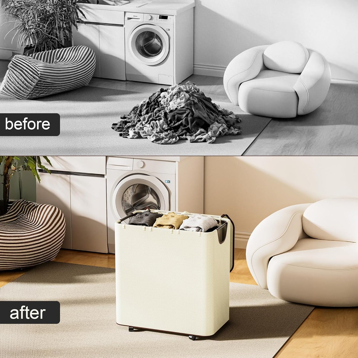 LazySpin 160L Laundry Basket with Wheels, Rolling Laundry hamper with Lid and 3 Removable Laundry Bag