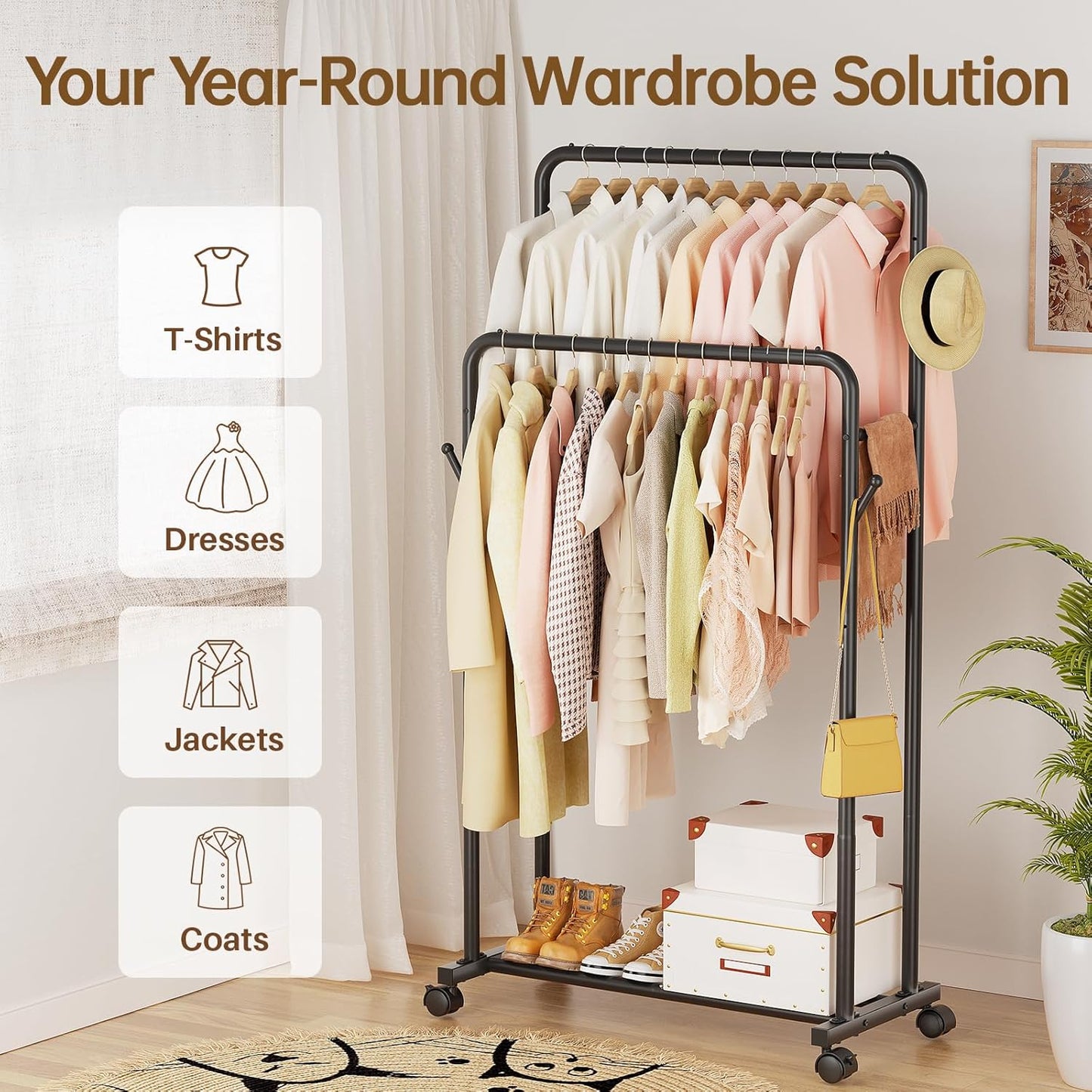 LazySpin Clothes Rack, Double Rods Clothing Rack for Hanging Clothes, Black