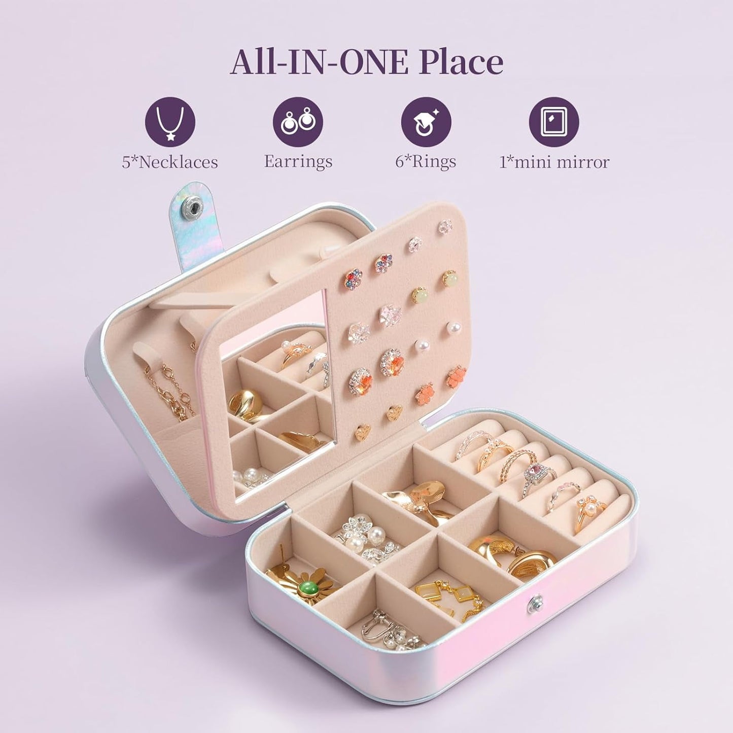 Delamu Portable Jewelry Box with Snap Lock Double-Layered Organizer for Women Girls PU Leather Travel Display Case for Earrings Rings Necklaces