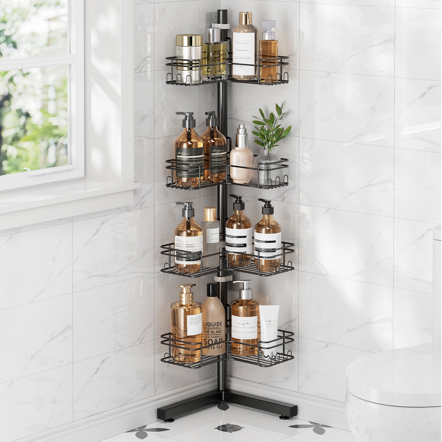 LazySpin 4-Tier Corner Shower Shelf, Freestanding Shower Caddy with Adjustable Baskets, Black