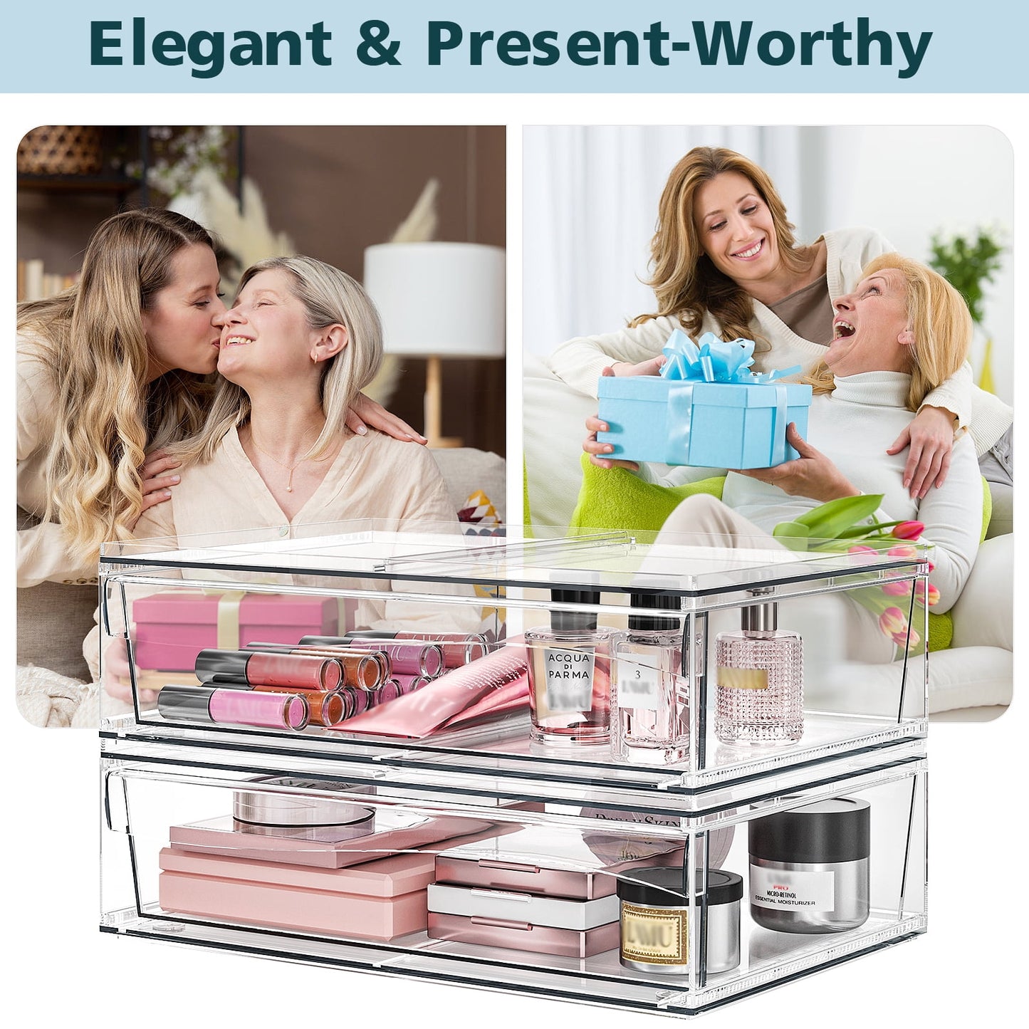 Delamu 12.2''W Stackable Storage Drawers, Clear Acrylic Drawer Modular Bathroom Organizers, 2pcs