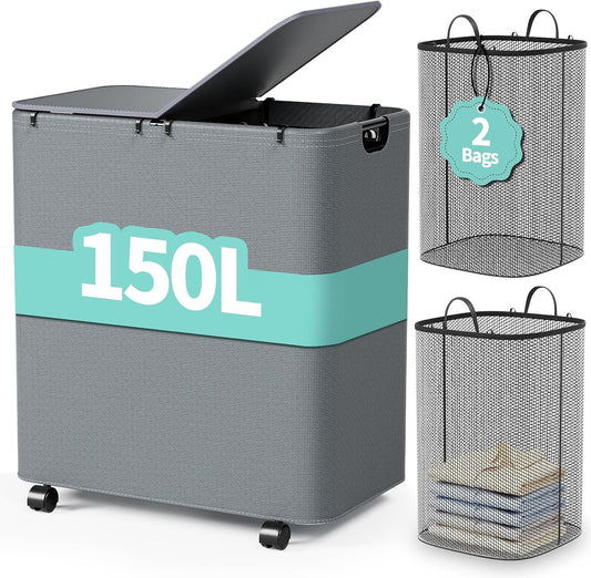 Yecaye 150L Laundry Hamper with Wheels, Rolling Laundry Basket with Lid and 2 Removable Bag