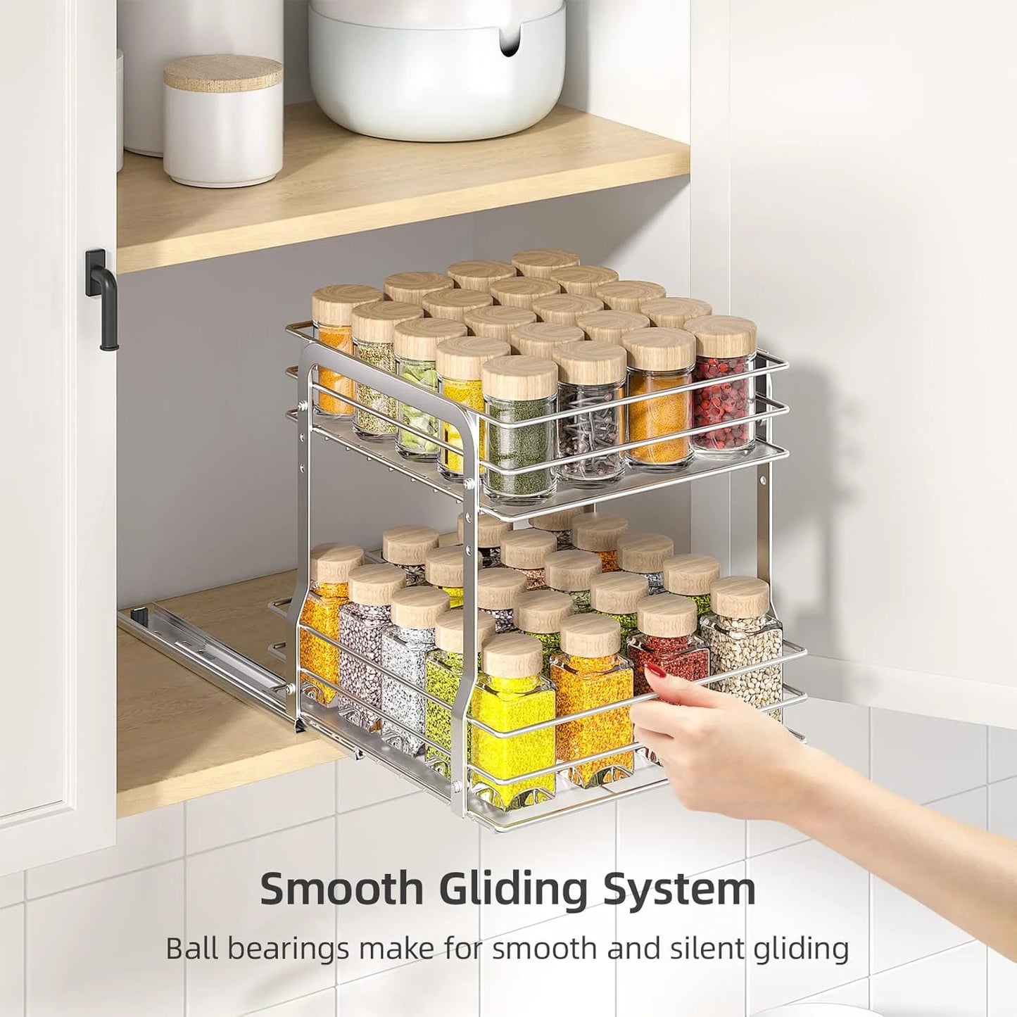 Delamu Pull Out Spice Organizer for Inside Cabinet, 2 Tier Spice Rack Organization for Cabinet, 9.65"W x 10.7"D x 10.24"H, Slide Out Seasoning Organizer, Silver