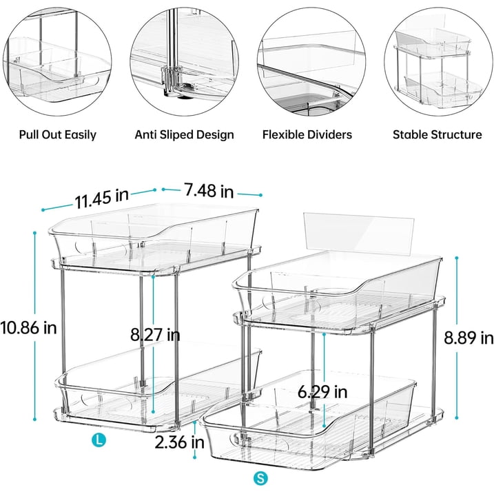 Delamu 2 Sets of 2-Tier Clear Under Sink Organizers and Storage, Multi-Purpose Stackable Cabinet Organizers, Pull Out Bathroom Organization and Storage with Dividers