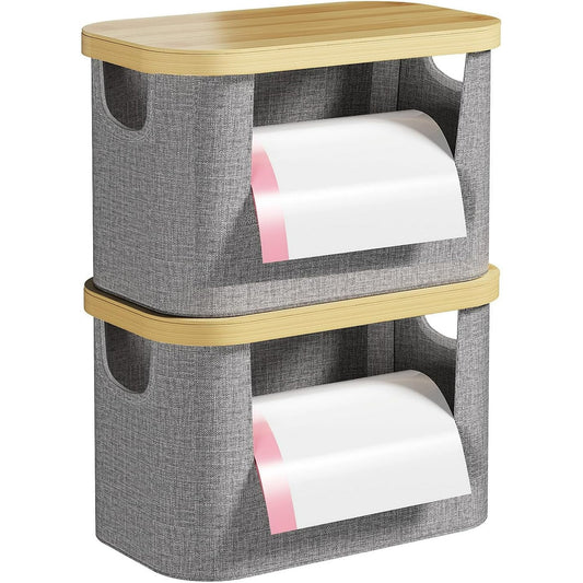 Delamu 2 Pack Trash Bag Dispenser Organizers with Bamboo Lid, Stackable Garbage Bags Holder for Kitchen Cabinets, Under Sink, Countertop