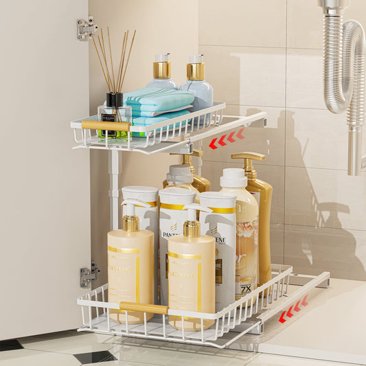 DELAMU L-Shape Under Sink Cabinet Organizer, 2 Tier Slide Out Pull Out Storage Rack for Bathroom Kitchen Countertop, Kitchen Organizers and Storage, 1 Pack