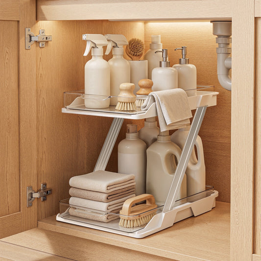 Delamu 1 Pack Under Sinks Organizers and Storage, Multi-Purpose, 2-Tier Clear Pull Out Organization for Bathroom