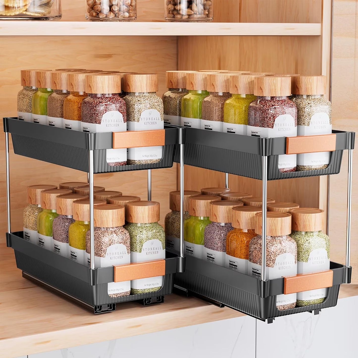 Delamu 2 Pack 2-tier Pull Out Spice Rack Organizer for Cabinet, Slide Out ABS Shelf, Multi Purpose Kitchen Cabinet Organizer, Black