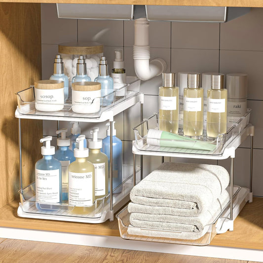 Delamu 2 Pack Set Under Sink Organizers and Storage, 2 Tier Sliding Bathroom Sink Organizer, Multi-Use Under Kitchen Cabinet Storage Shelf (S&L), Transparent